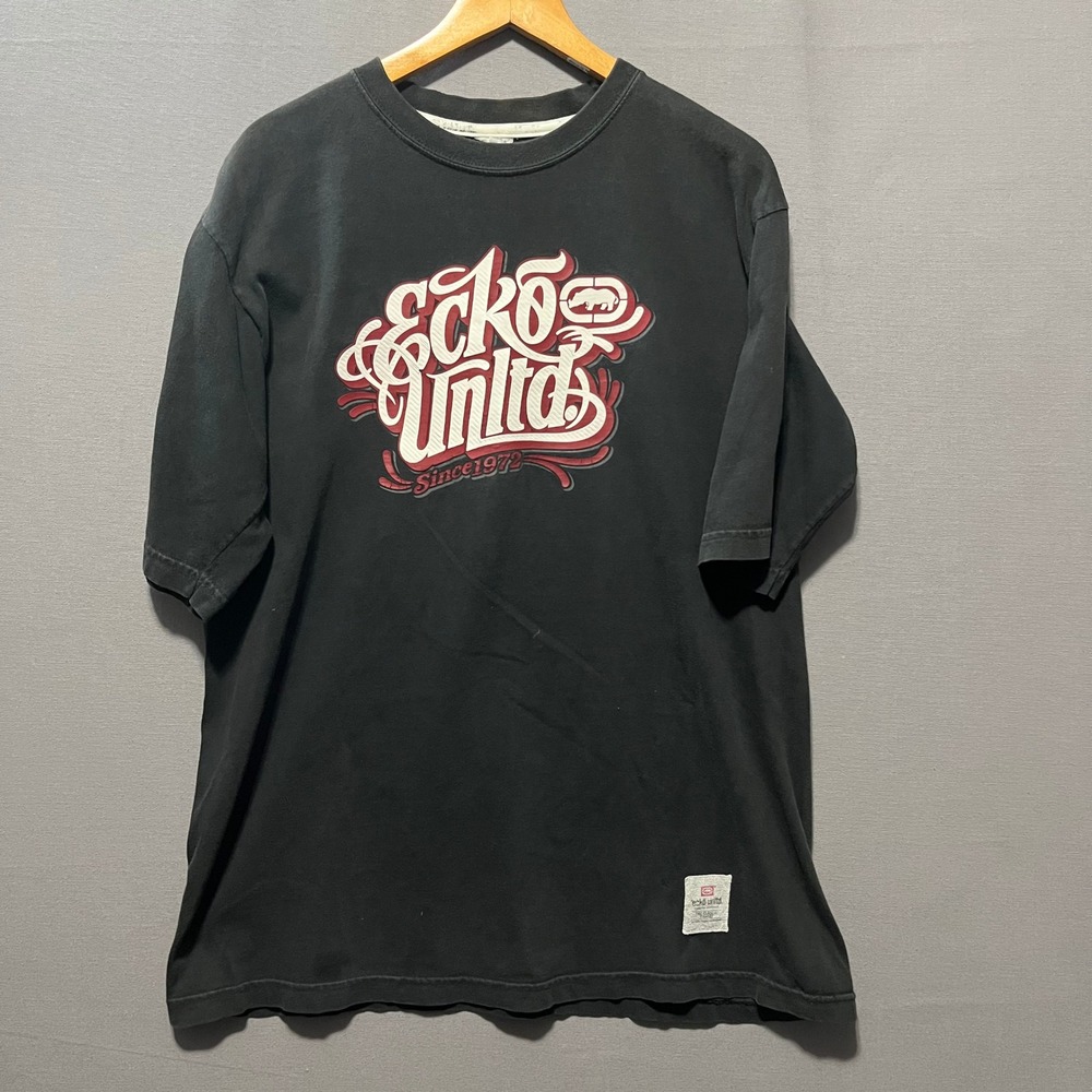 Ecko Unltd Mens Black Graphic T-Shirt Rhino Logo Red White Script XL 23x29